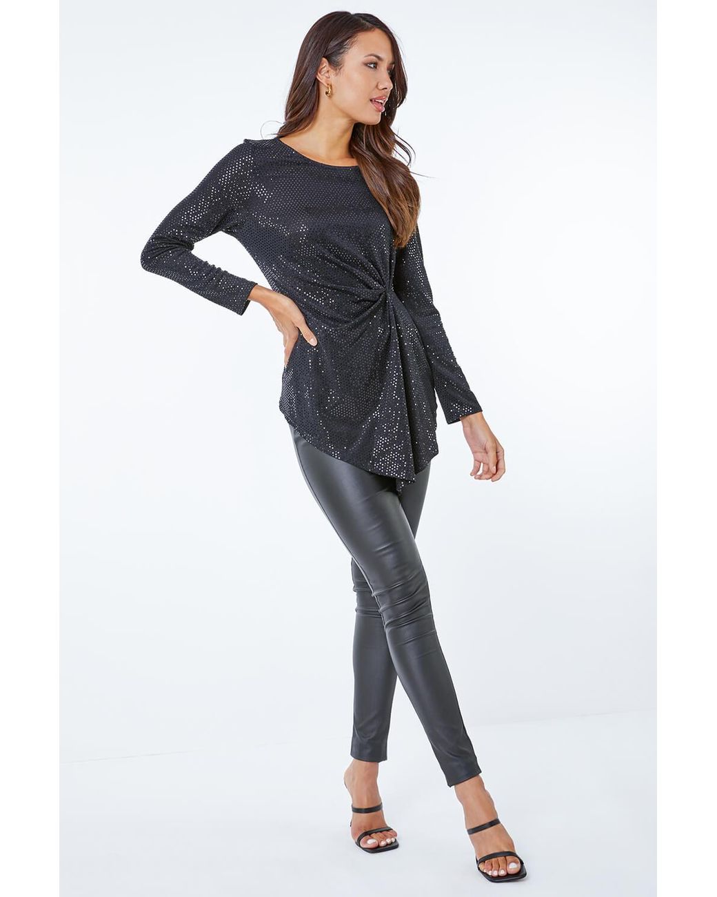 Roman Black Sequin Ruched Waist Jersey Top