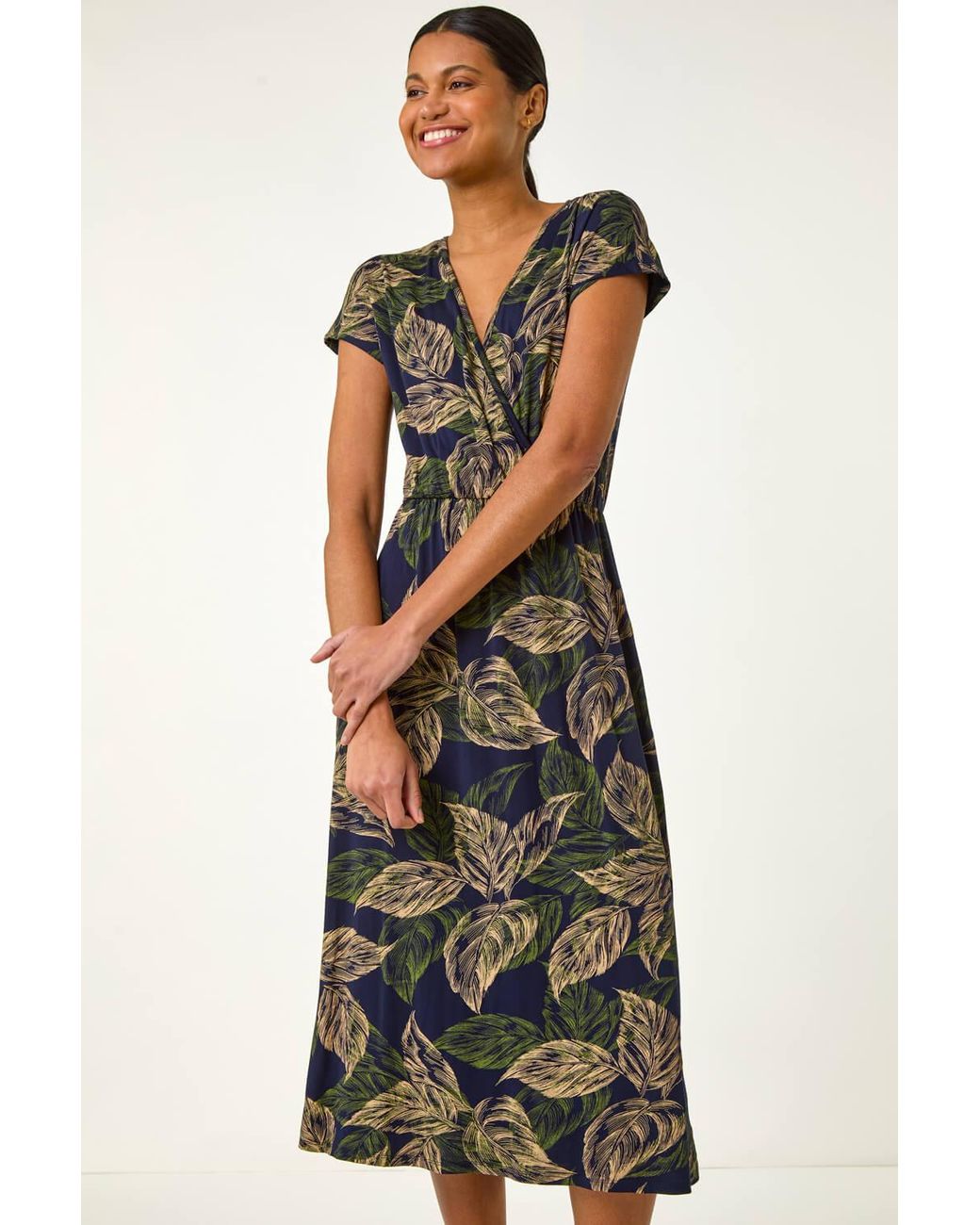Roman Blue Leaf Print Midi Wrap Dress