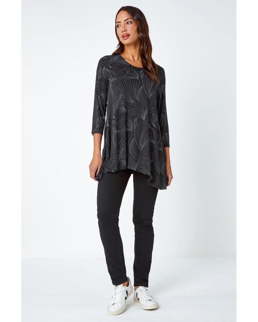 Roman Black Swirl Print Hanky Hem Stretch Top