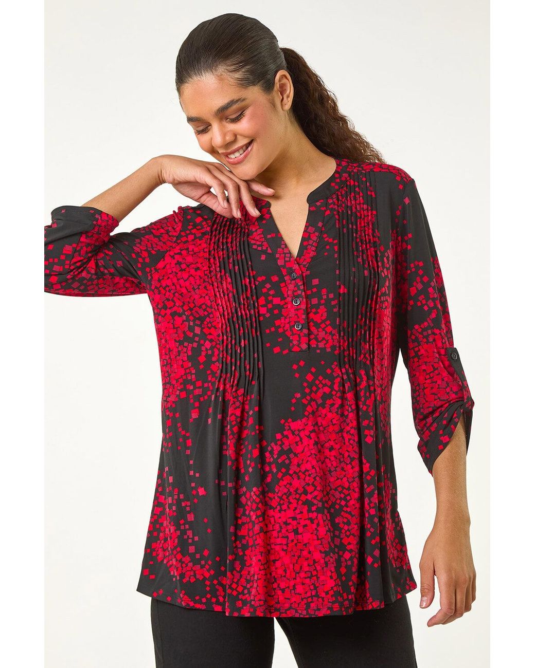 Roman Red Abstract Print Pintuck Shirt