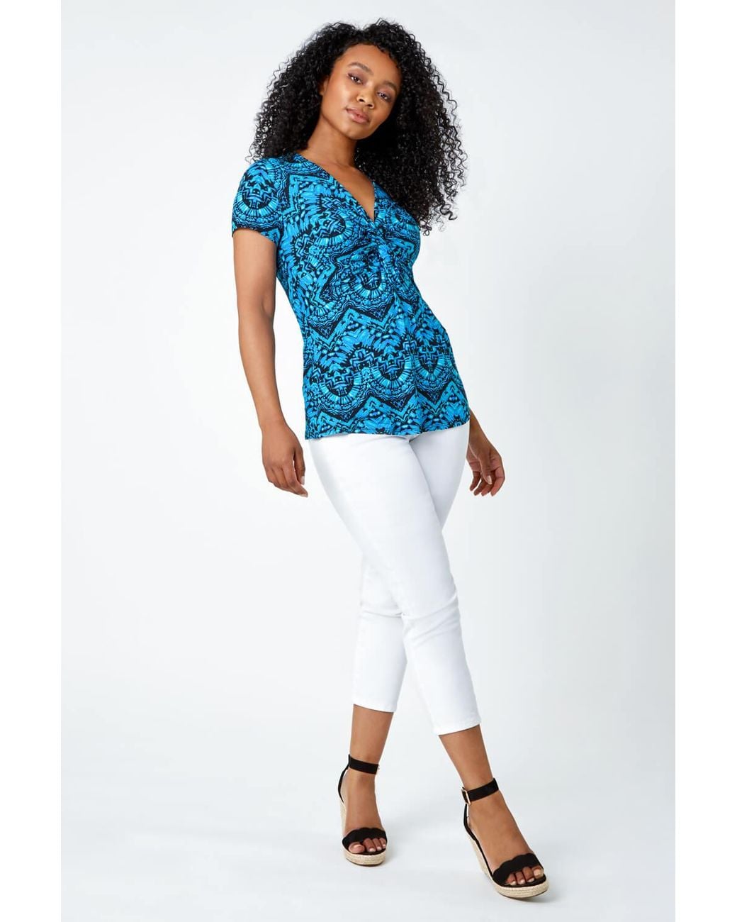 Roman Petite Blue Aztec Knot Detail V-Neck Stretch Top