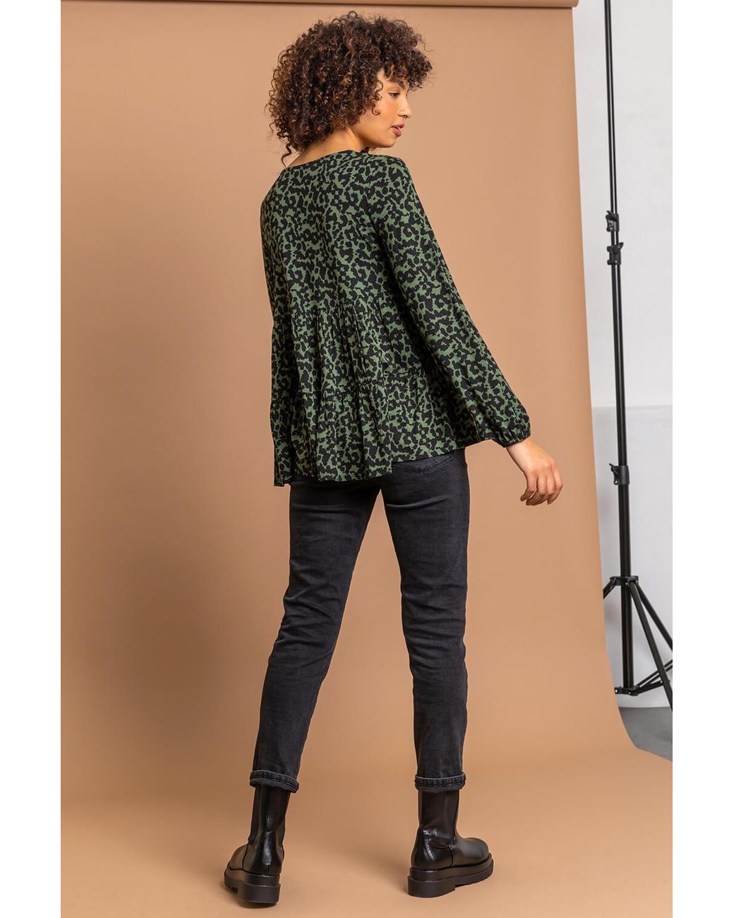 D.u.s.k Green Animal Print V Neck Tiered Top