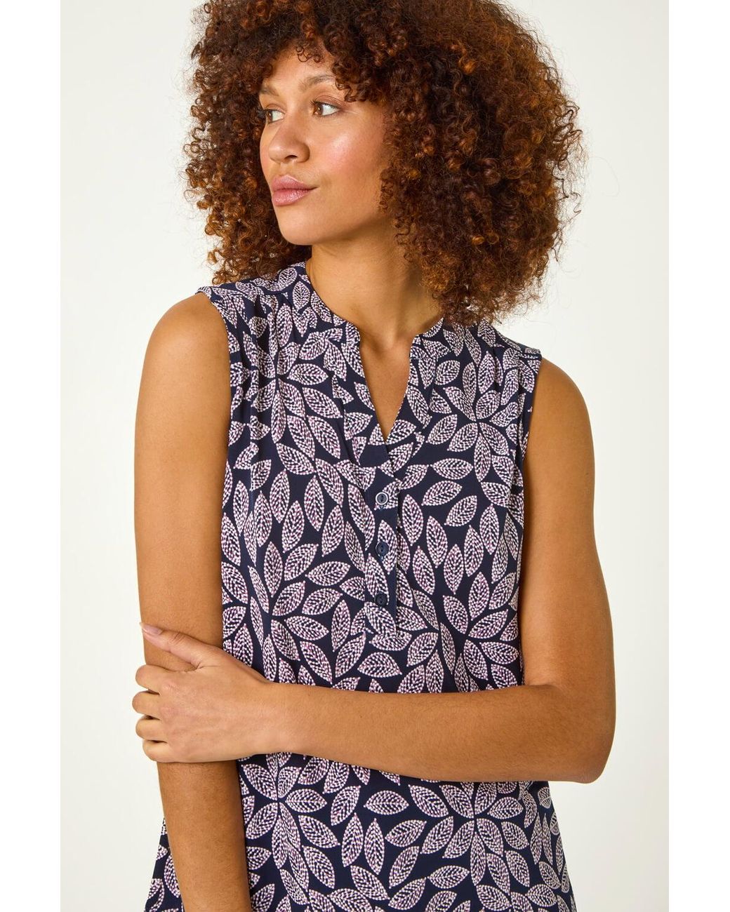 Roman Blue Leaf Puff Print Stretch Top