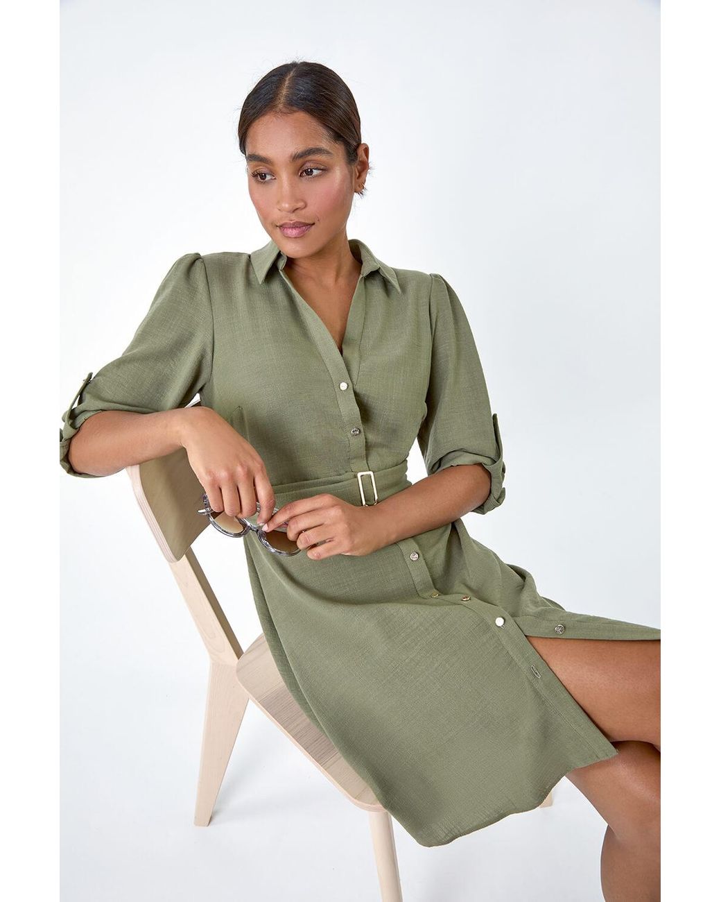 Roman Green Short Belted Shirt Dress