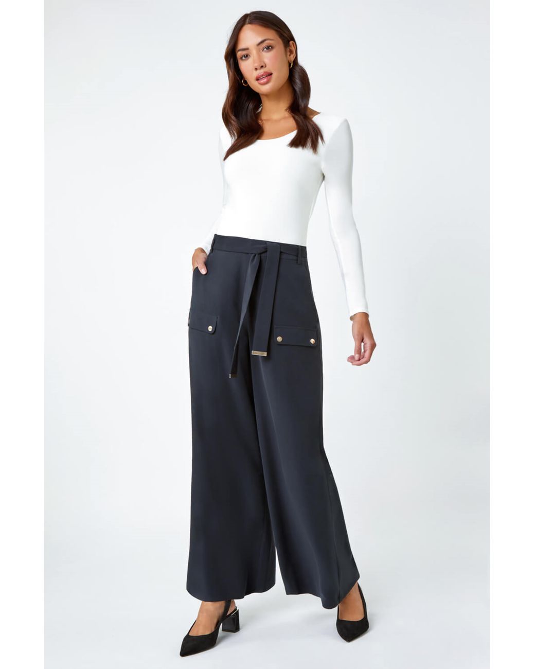Roman White Wide Leg Belted Stretch Trousers