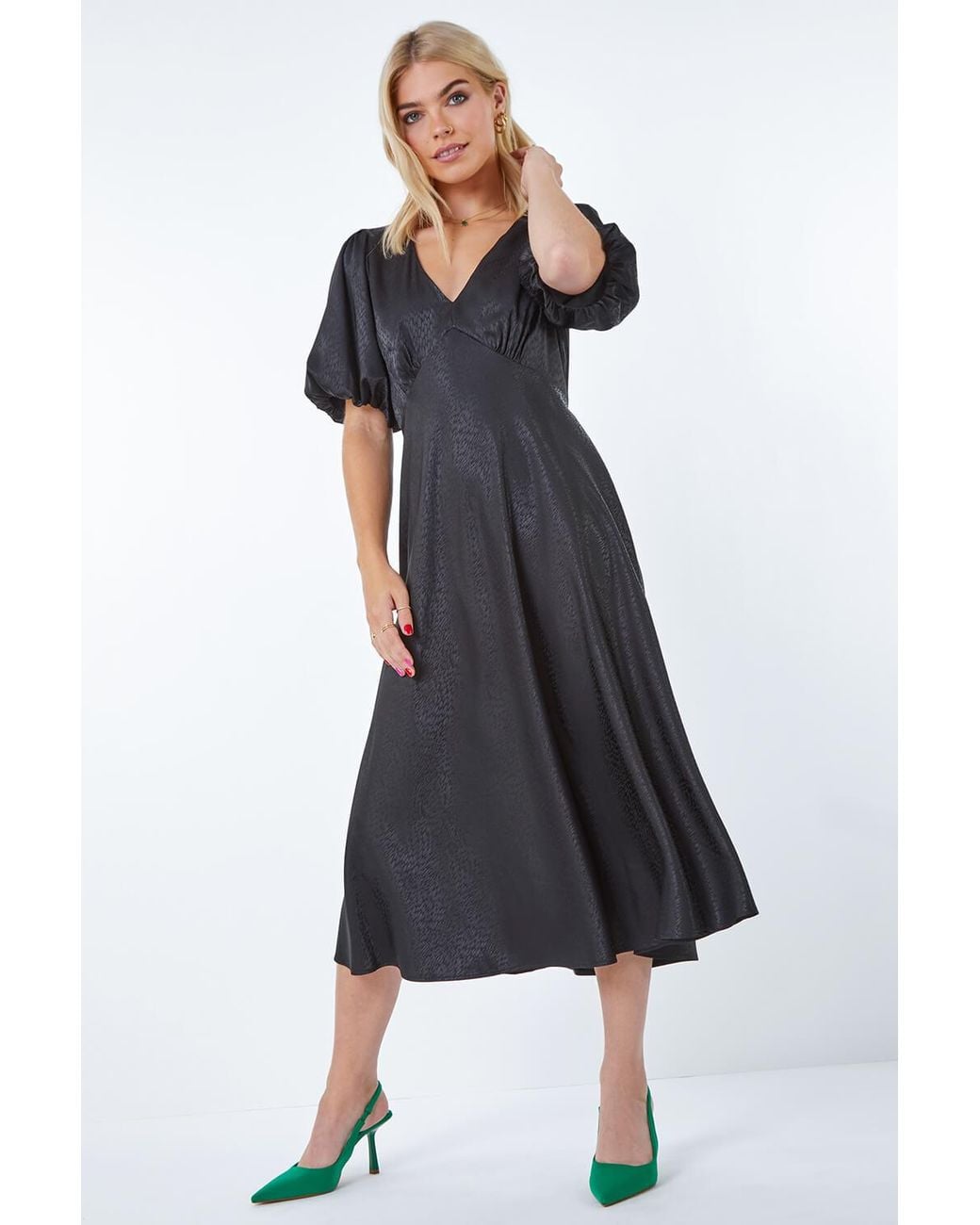 D.u.s.k Black Puff Sleeve Satin Midi Dress