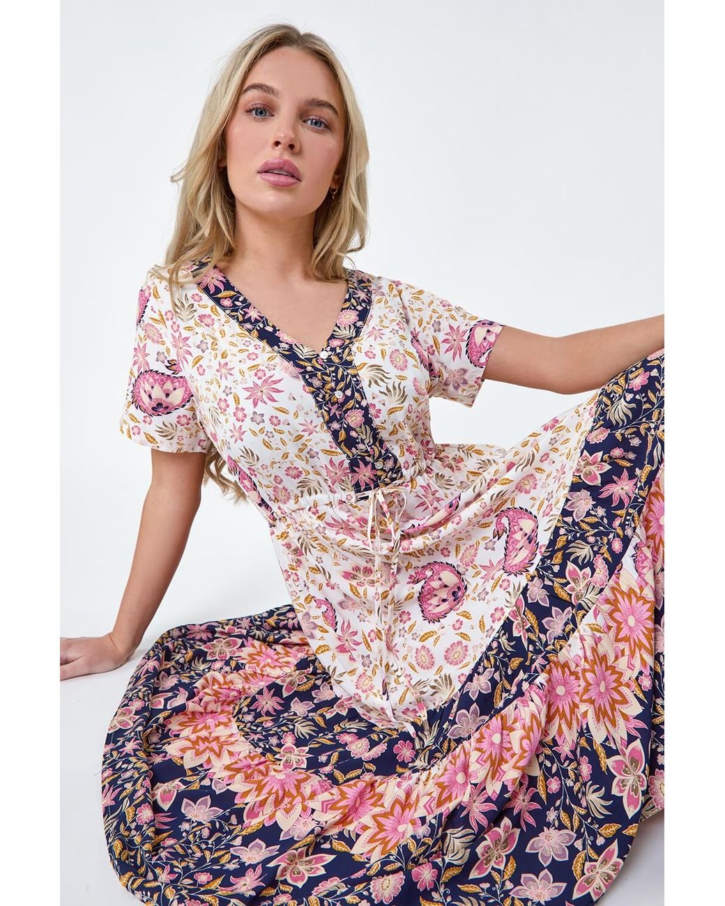 Roman Petite Red Floral Border Print Midi Dress