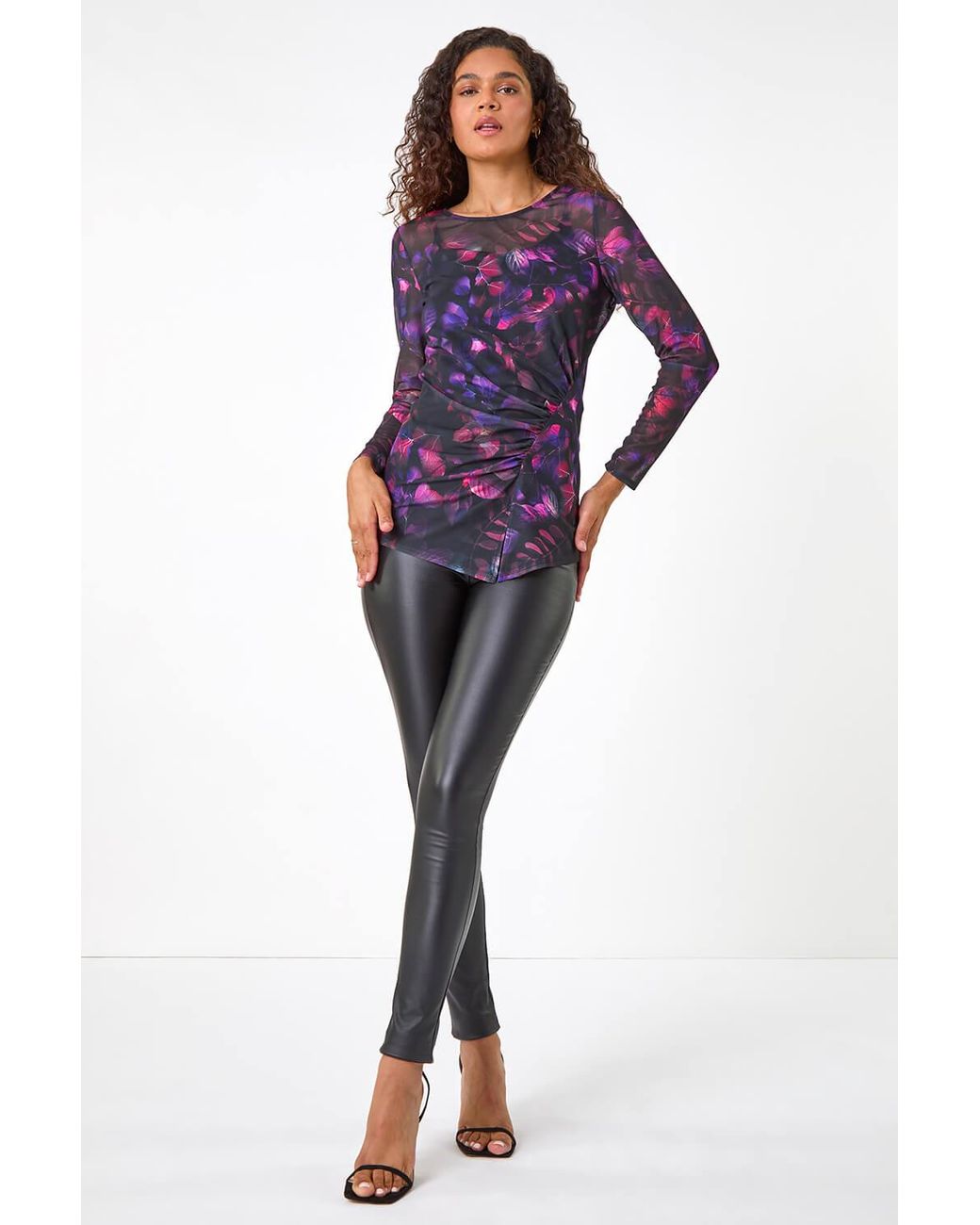 Roman Blurred Print Ruched Stretch Mesh Top