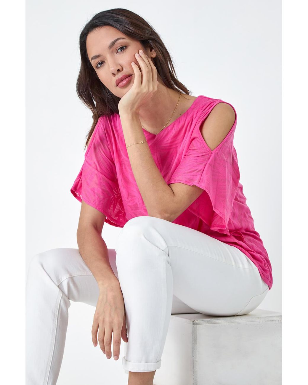 Roman Pink Burnout Tropical Leaf Overlay Top