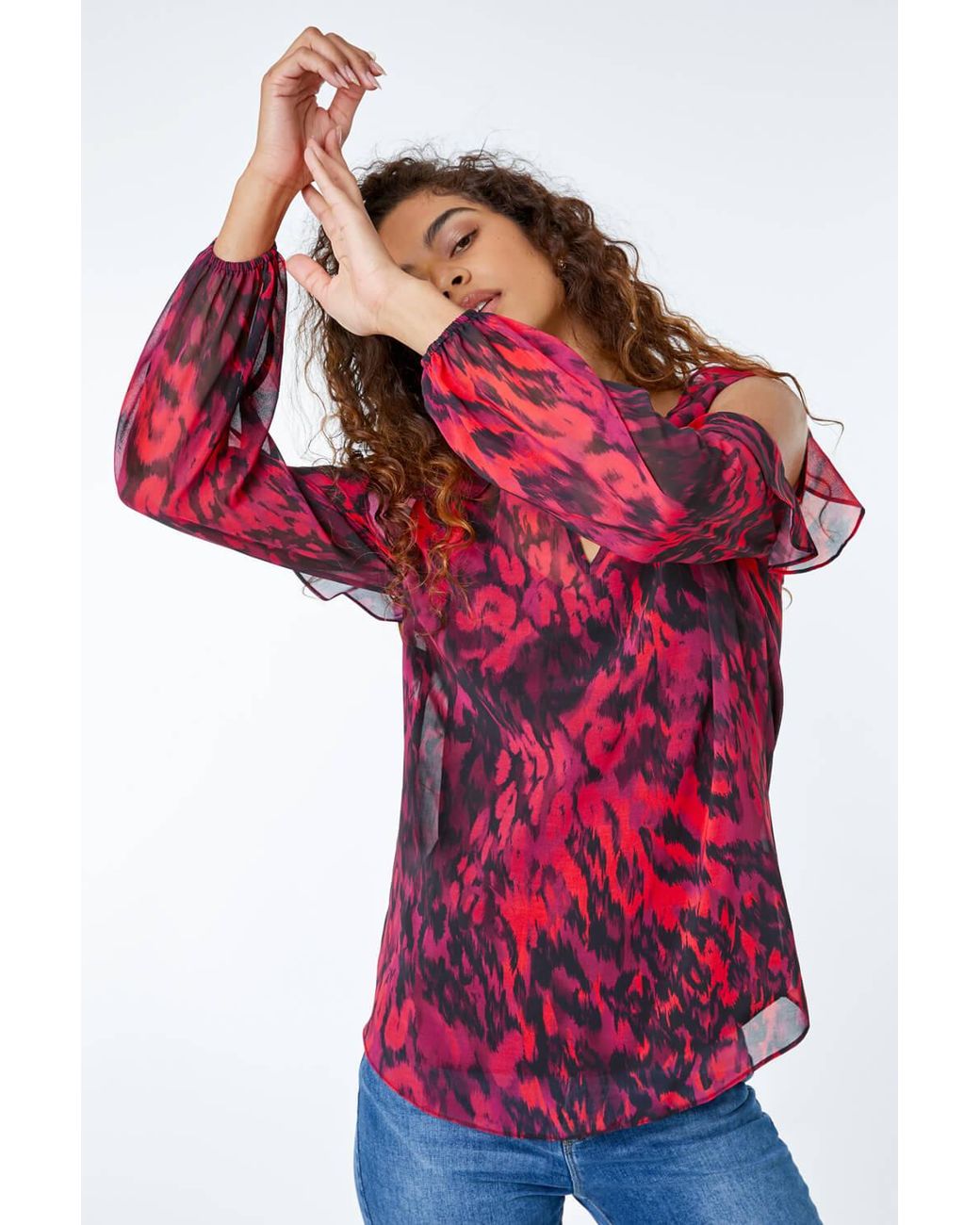 Roman Red Animal Cold Shoulder Chiffon Frill Top