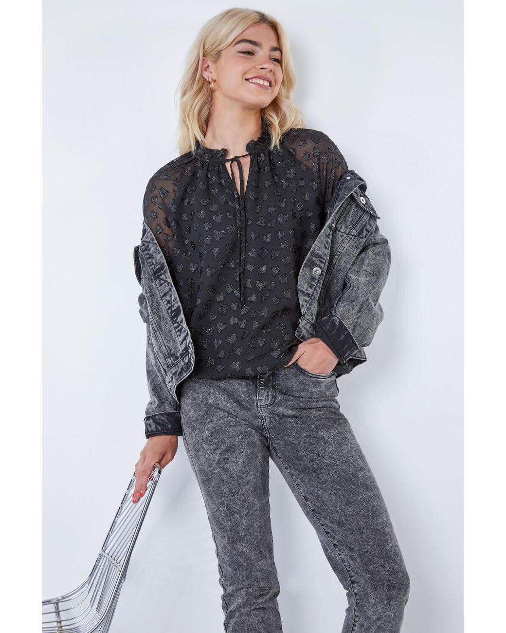 D.u.s.k Blue Burnout Heart Print Tie Neck Long Sleeve Top