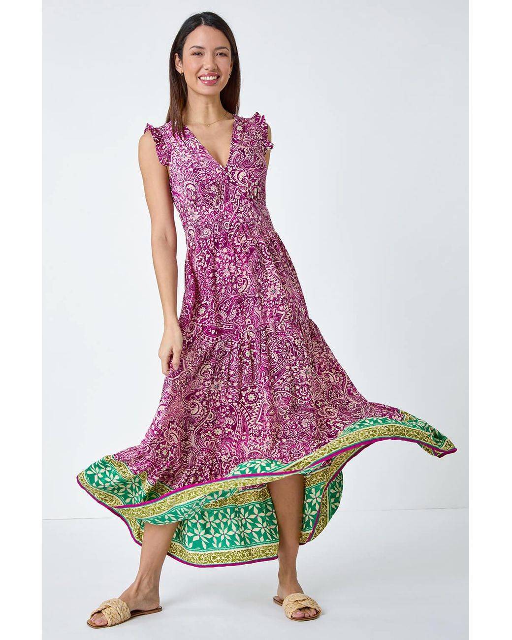 Roman Purple Paisley Frilled Border Print Maxi Dress