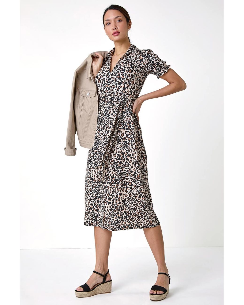 Roman Natural Animal Print Textured Shirt Dress
