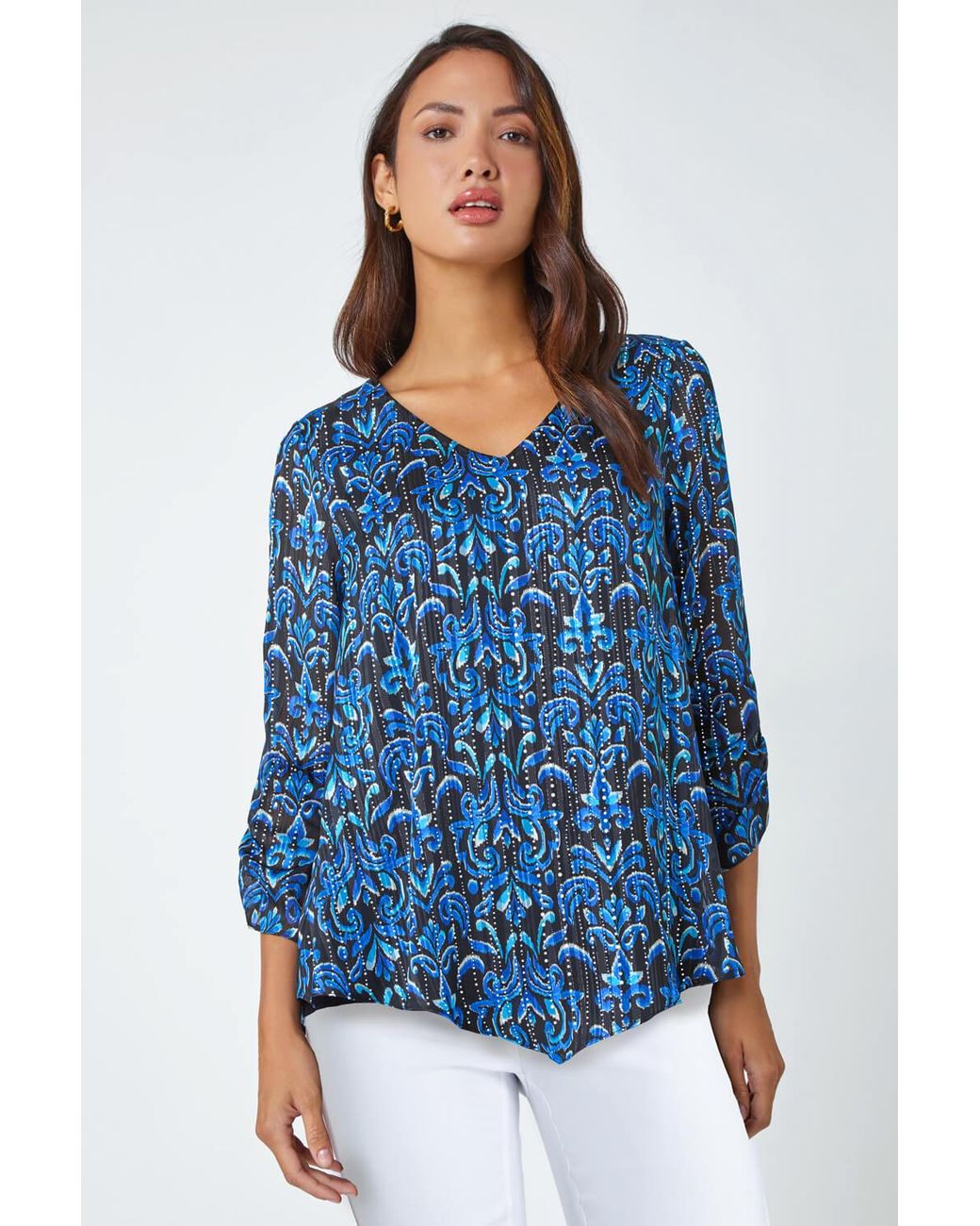 Roman Blue Abstract Metallic Ruched Chiffon Blouse