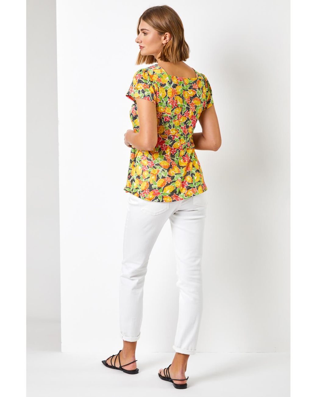 Roman Yellow Lemon Print Tie Detail Top