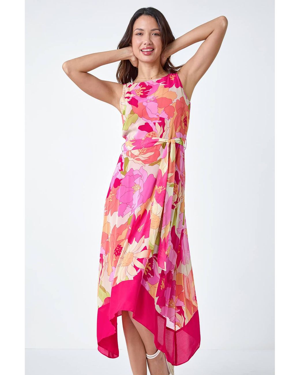 Roman Red Sleeveless Floral Chiffon Hanky Hem Dress