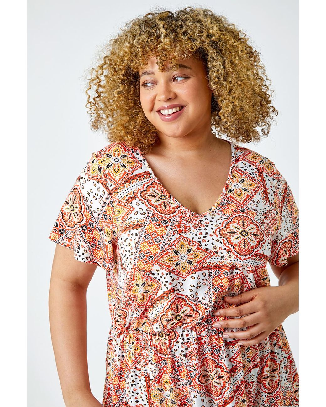 Roman Curve Red Geometric Print V-Neck Stretch Top