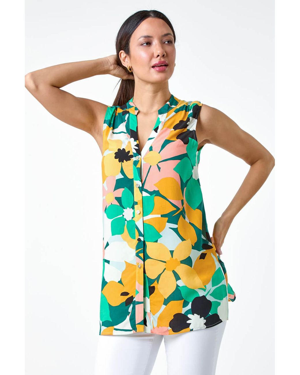 Roman White Floral Print Sleeveless V-Neck Button Blouse