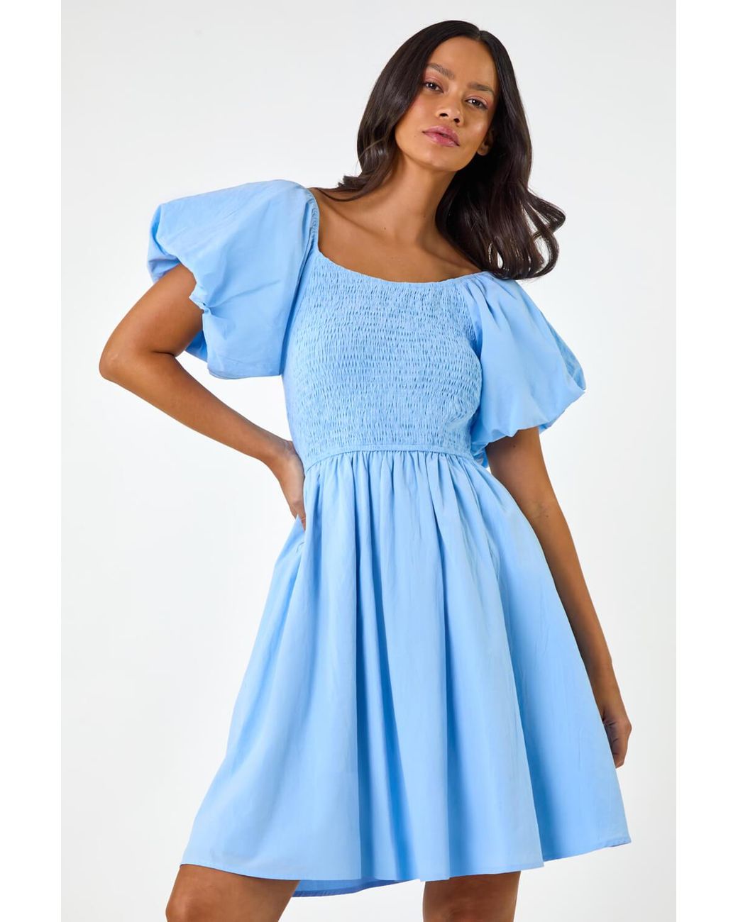 D.u.s.k Blue Puff Sleeve Shirred Dress