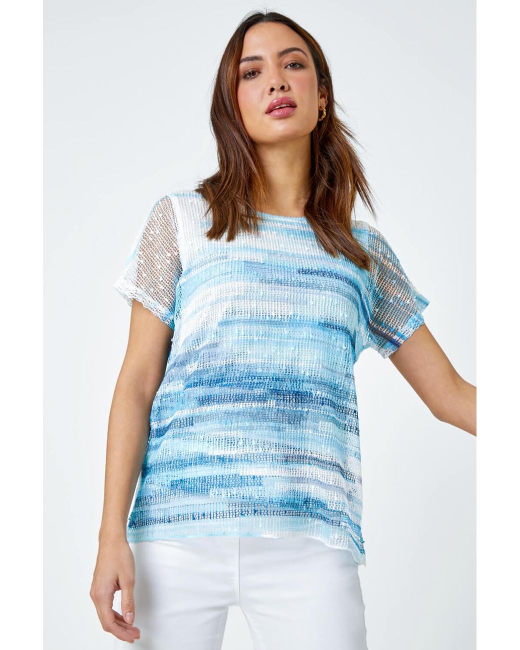 Roman White Stripe Print Mesh Overlay Top