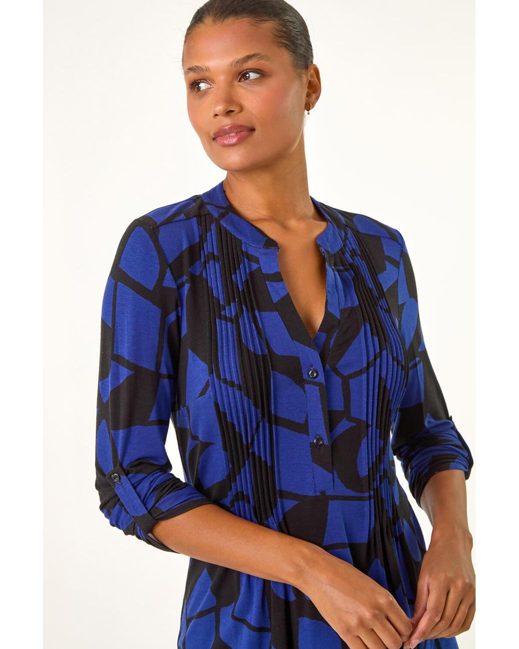 Roman Blue Geometric Print Pintuck Shirt