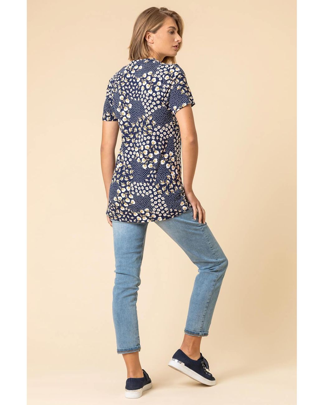 Roman Blue Floral Tile Print Notch Neck Top