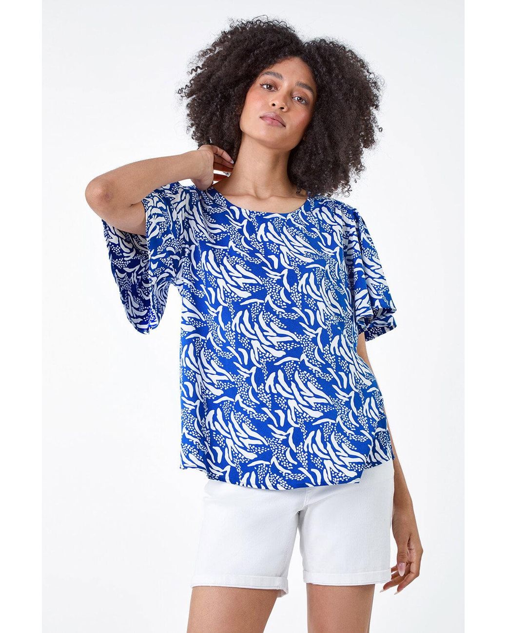 Roman Blue Abstract Print Flared Sleeve Top