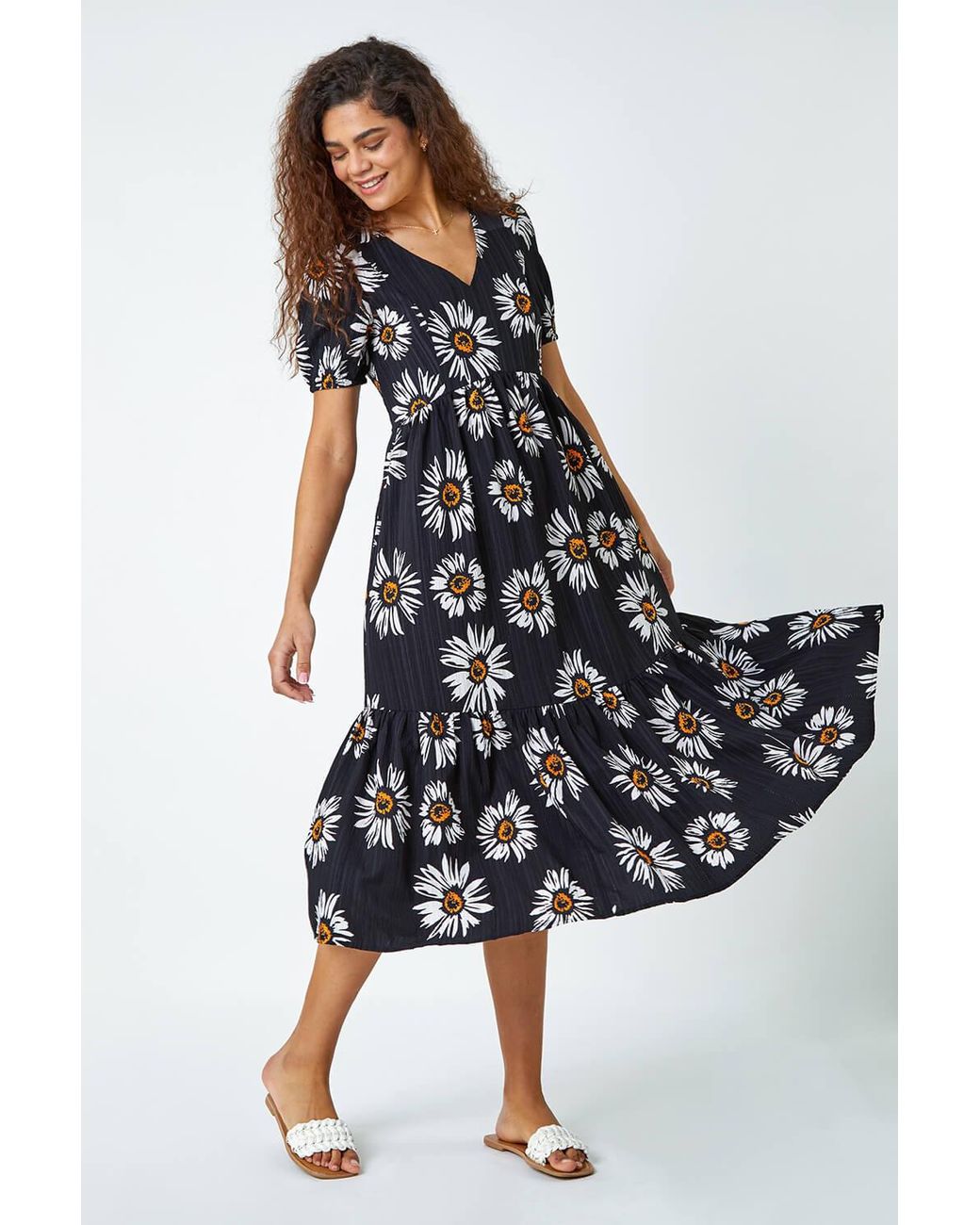 Black daisy print frill tea cheap dress
