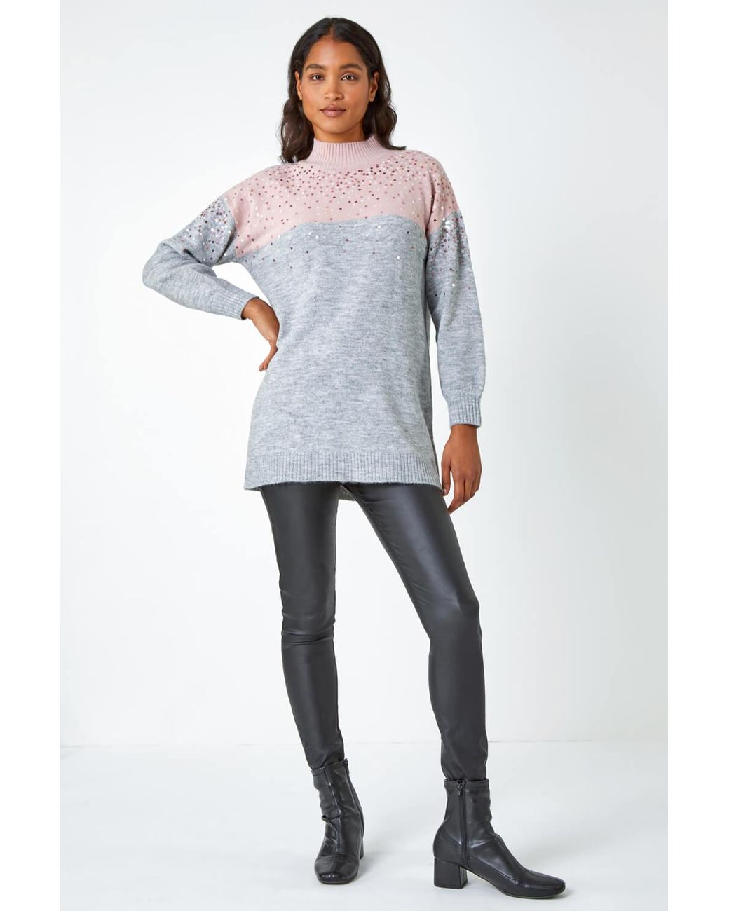 Roman Gray Embellished Tunic Stretch Longline Jumper