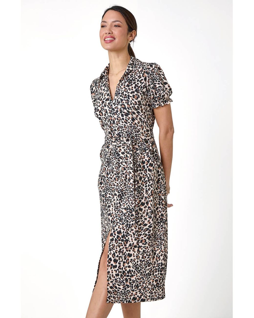 Roman Natural Animal Print Textured Shirt Dress