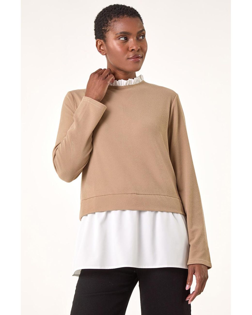 Roman White Frill Neck Contrast Jersey Top