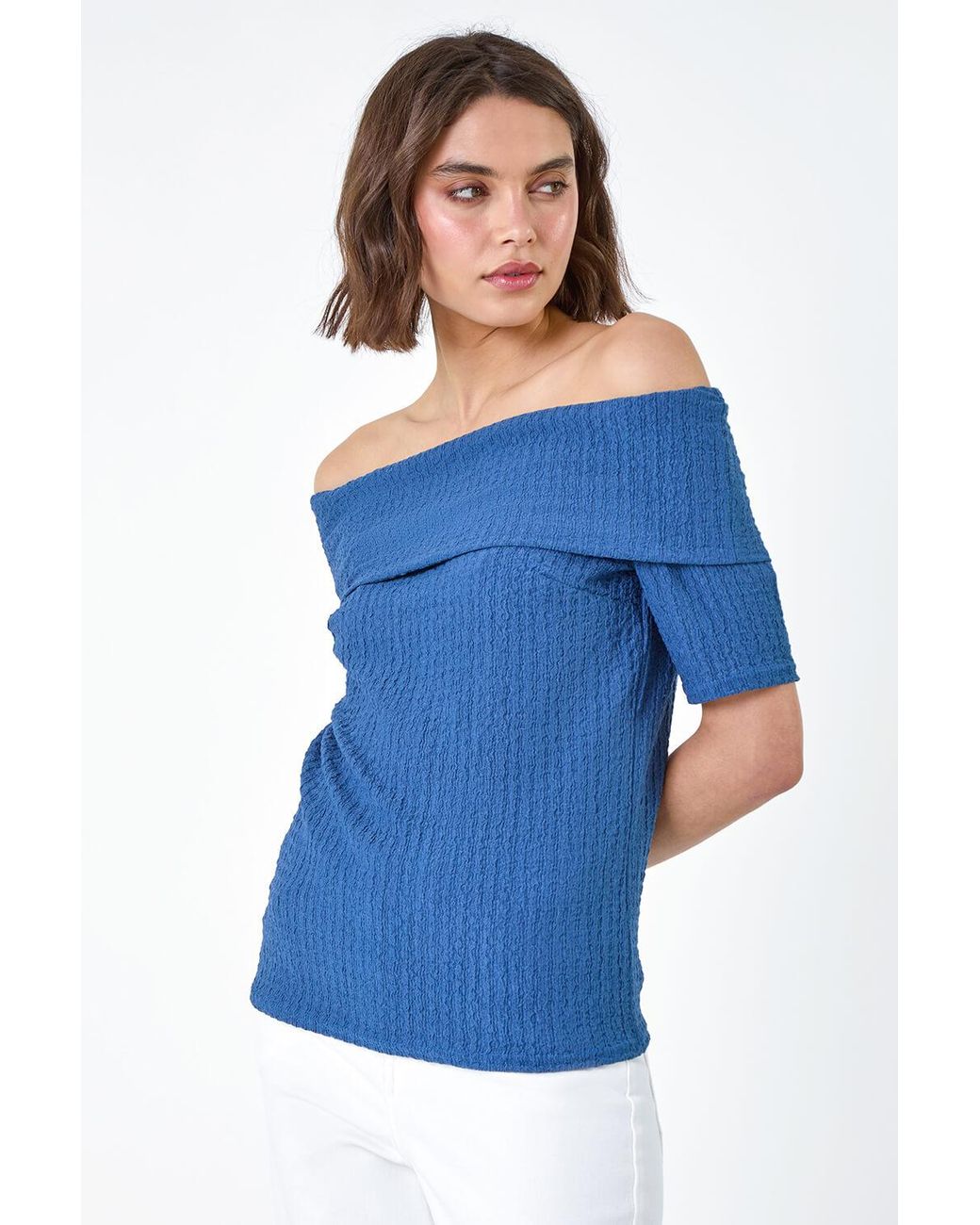 Roman Blue Textured Stretch Bardot Top
