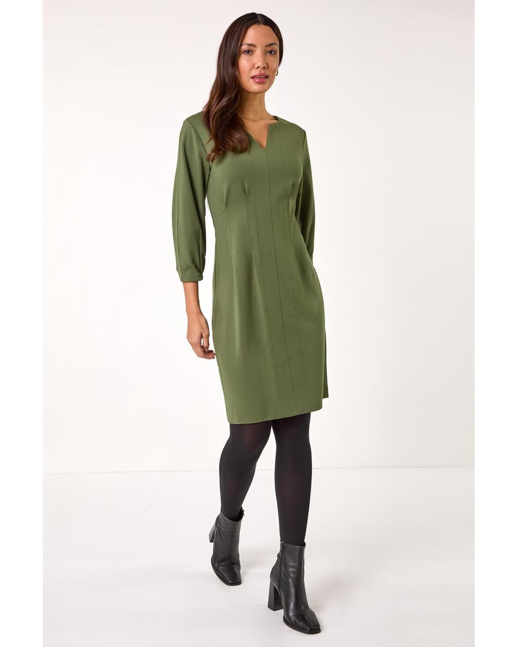 Roman Green Ponte Stretch Notch Neck Midi Dress