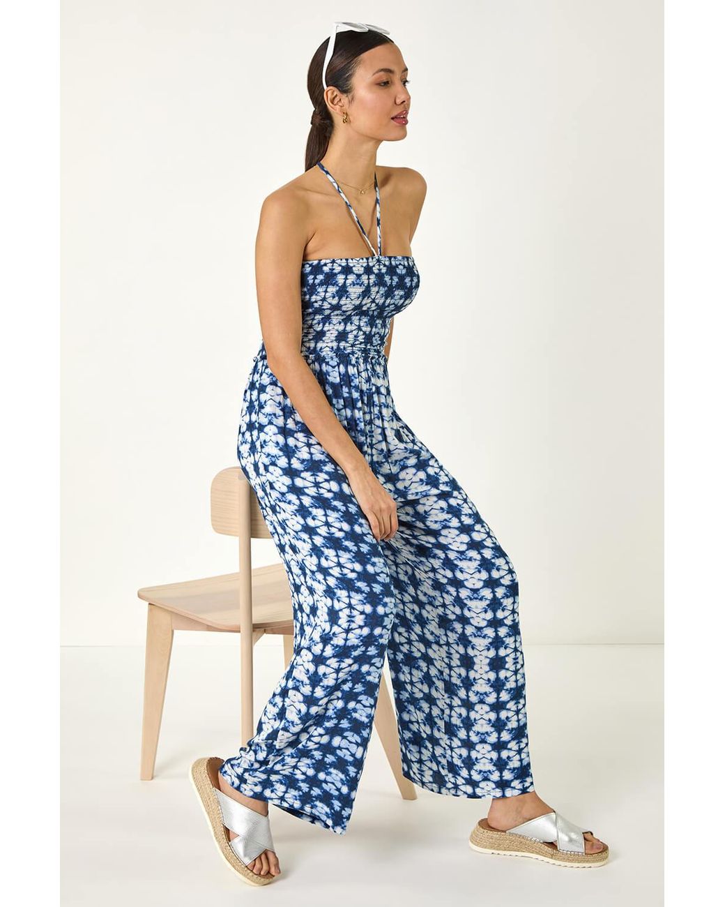 Roman Blue Abstract Shirred Bardot Jumpsuit