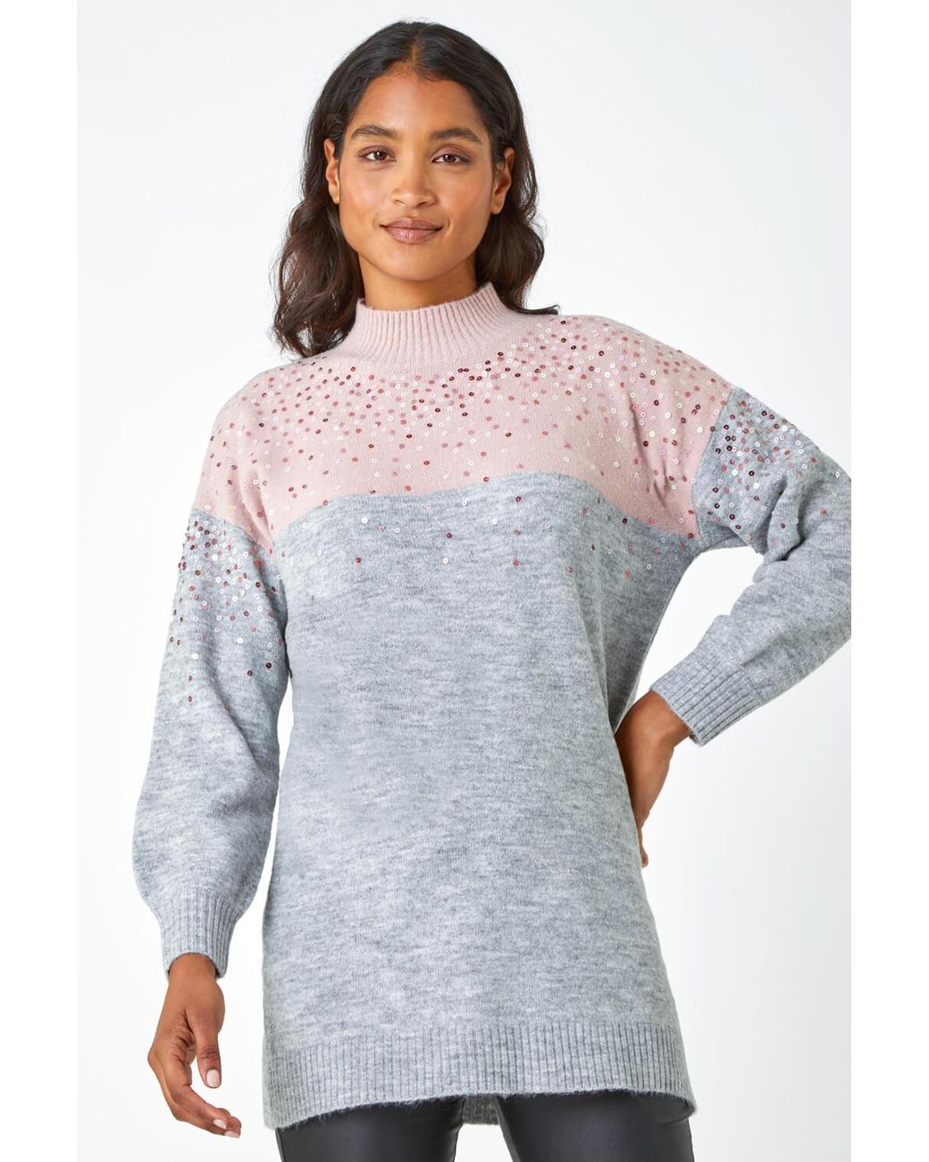 Roman Gray Embellished Tunic Stretch Longline Jumper