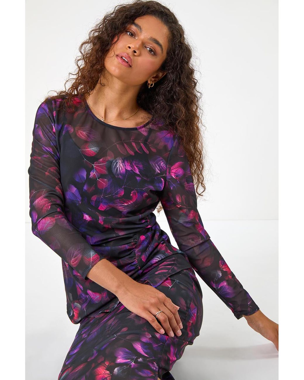 Roman Blurred Print Ruched Stretch Mesh Top