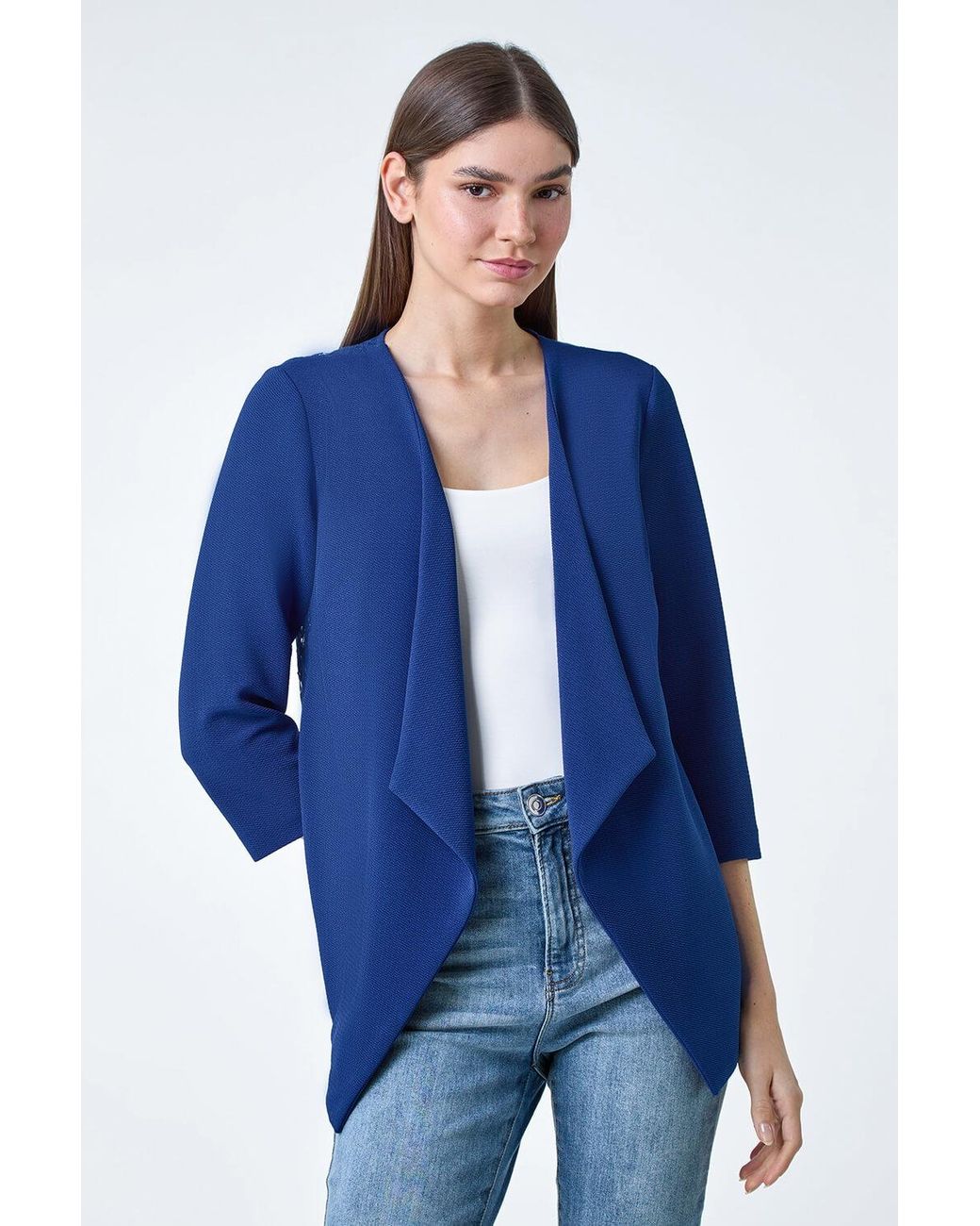 Roman Blue 3/4 Sleeve Lace Back Waterfall Jacket