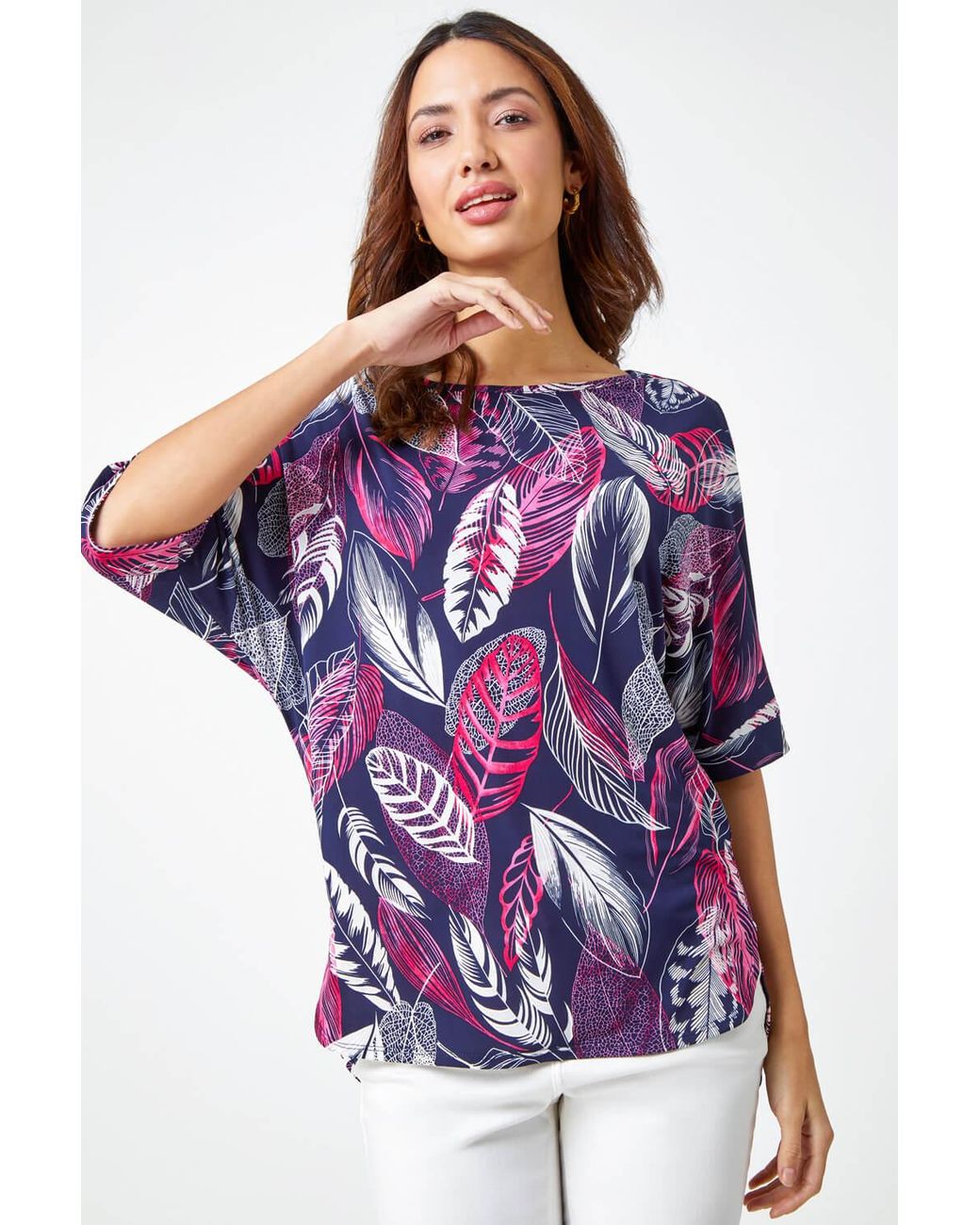 Roman Purple Leaf Print Textured Tunic Top
