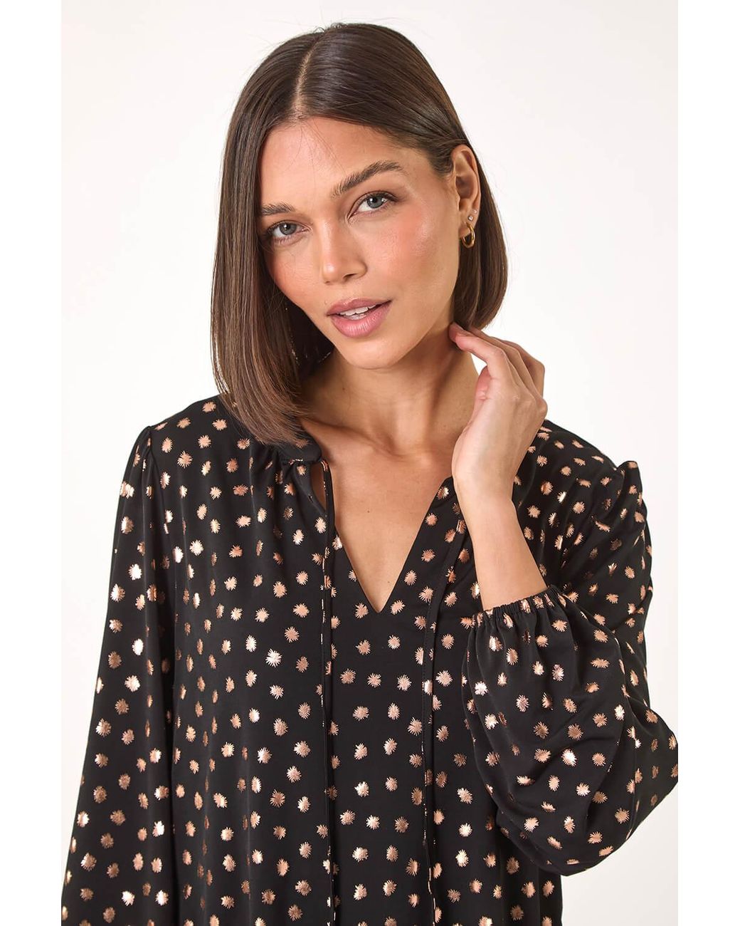 Roman Black Spot Print Foil Tie Neck Top