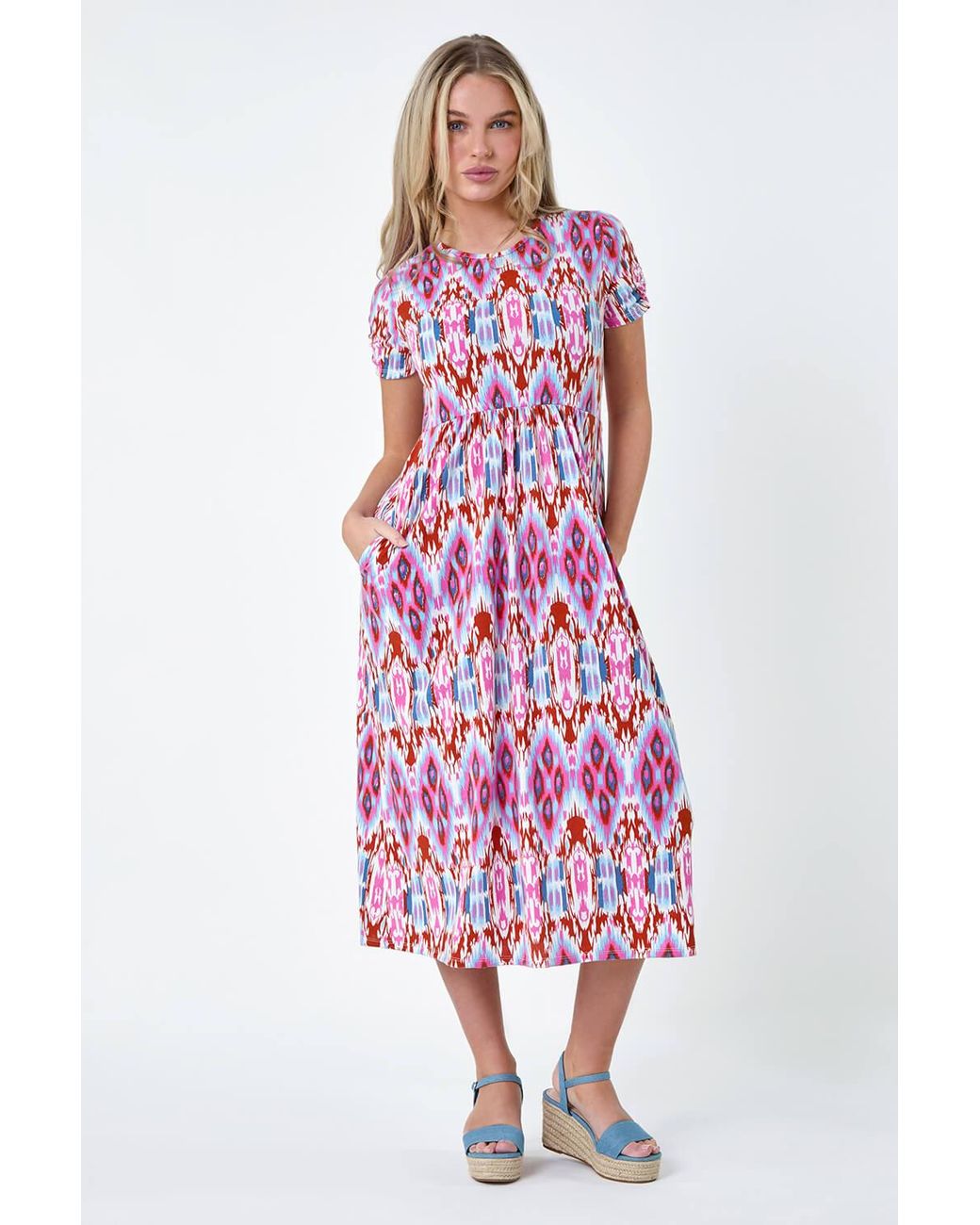 Roman Petite White Aztec Print Stretch Pocket Midi Dress