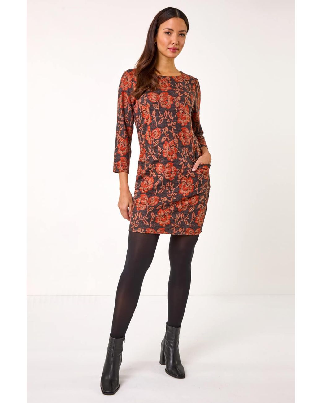 Roman Red Floral Leaf Pocket Stretch Shift Dress