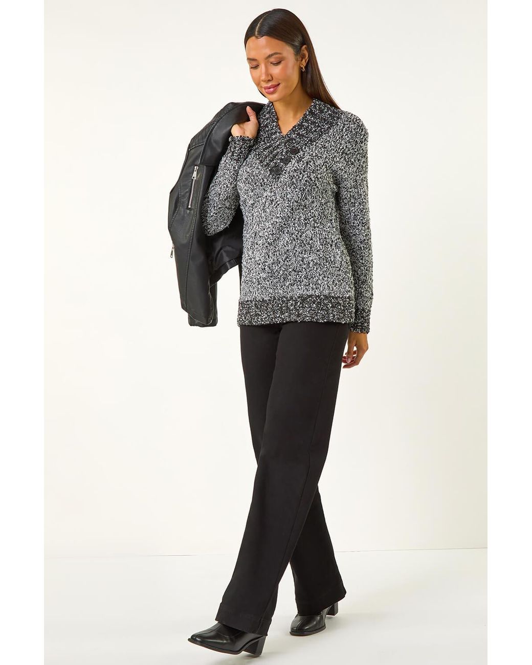 Roman Black Textured Overlap V-Neck Jumper