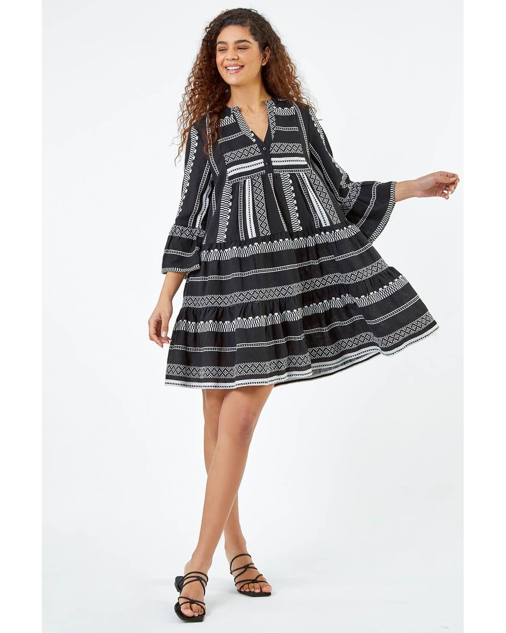 Roman Gray Aztec Print Cotton Smock Dress
