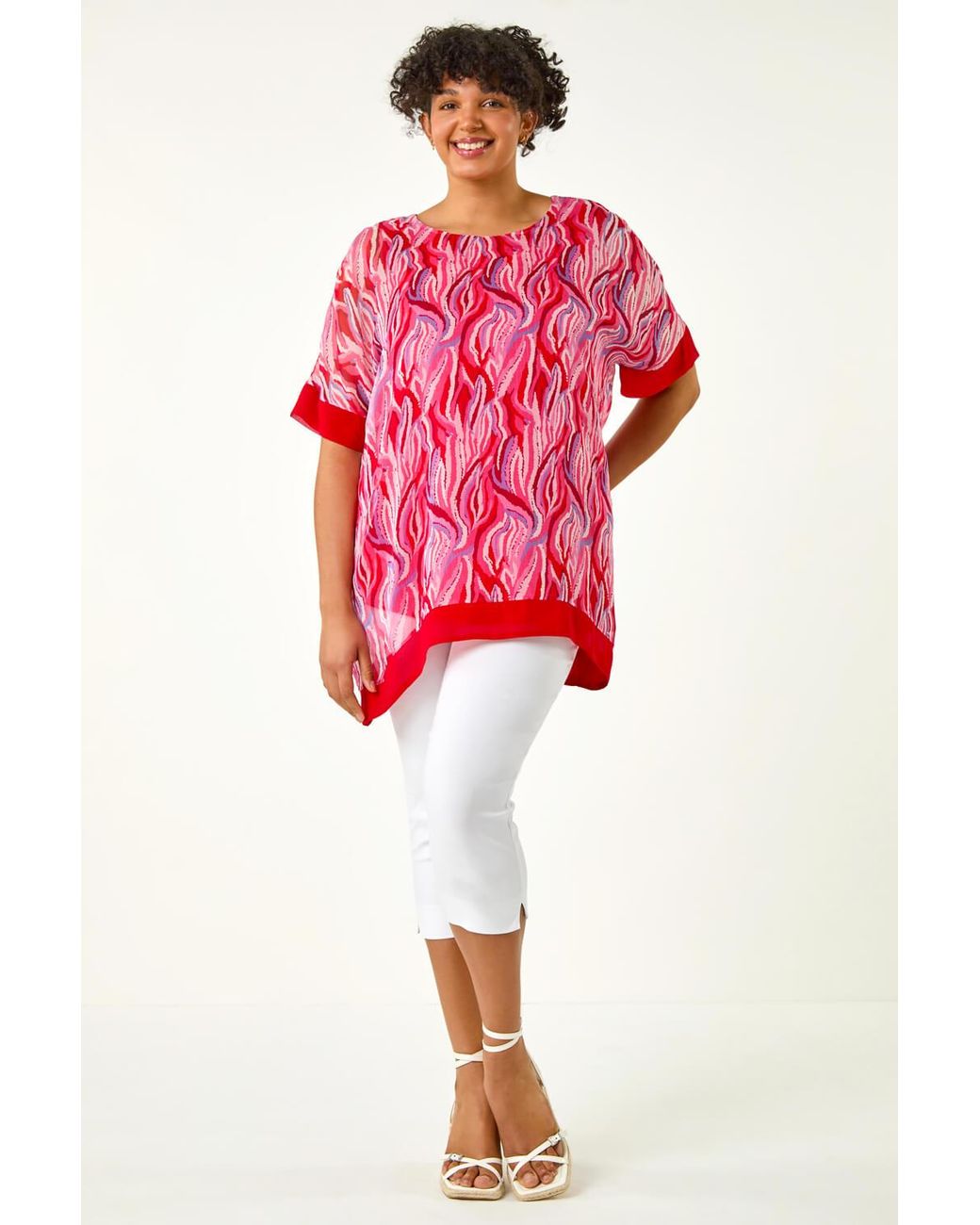 Roman Curve Pink Abstract Print Chiffon Overlay Top