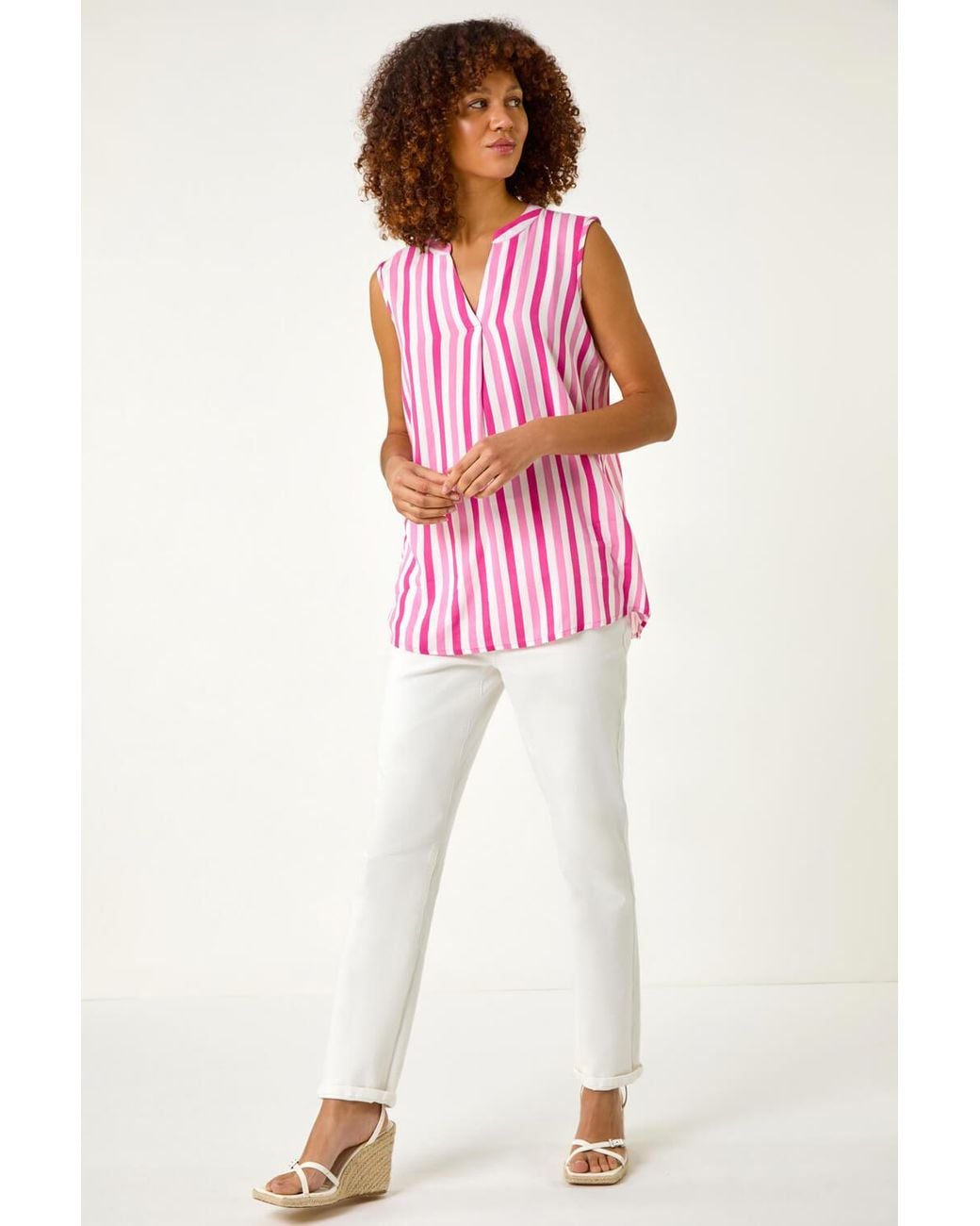 Roman Pink Stripe Print Pleated Vest Top