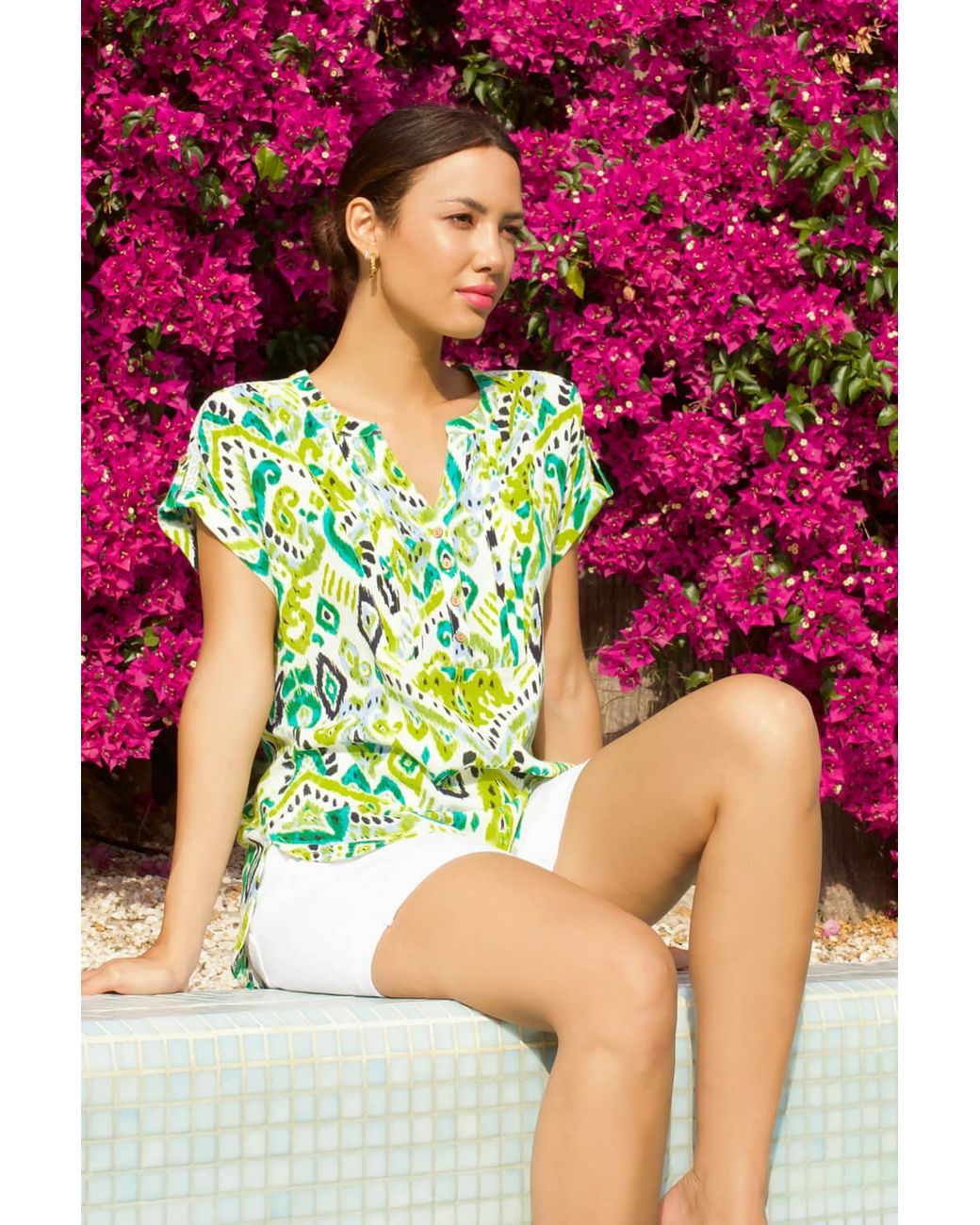 Roman Green Aztec Print Lace Trim V-Neck Top