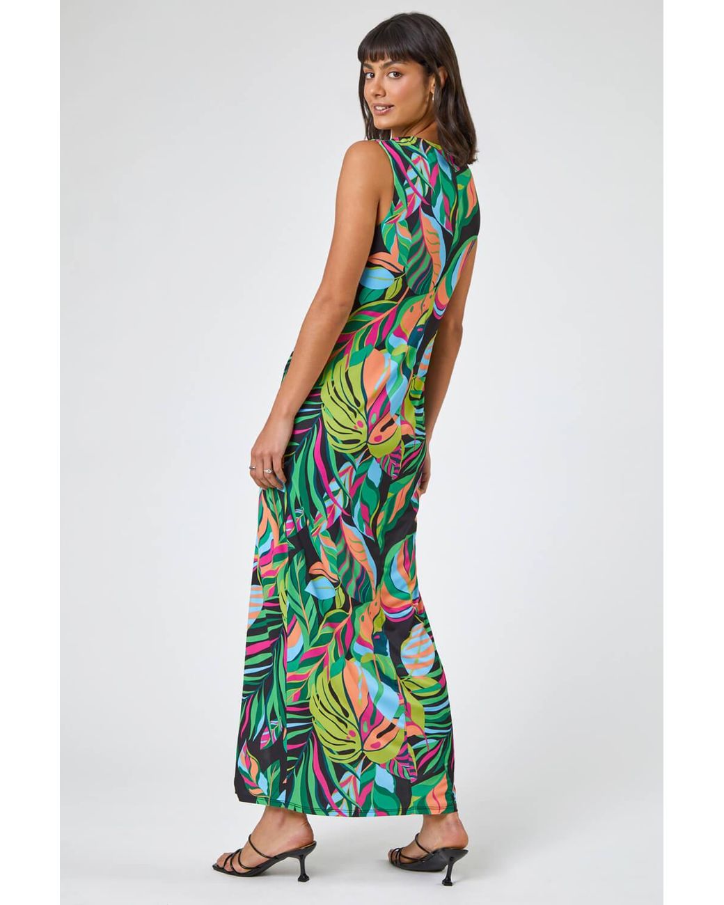 Roman Green Tropical Print Belted Wrap Dress