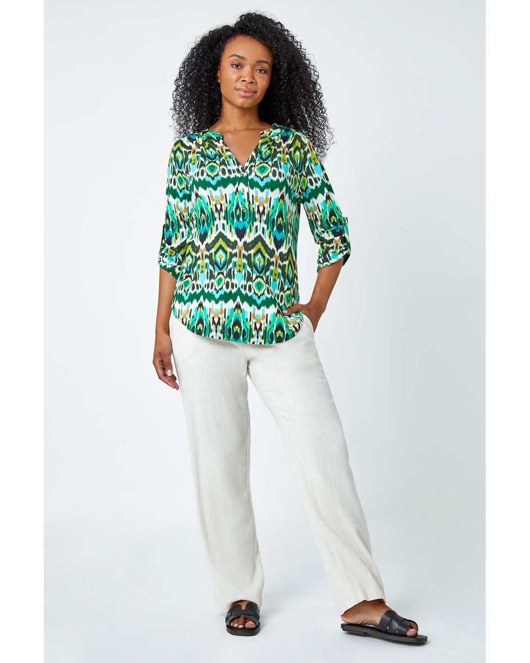 Roman Petite Green Aztec Stretch Button Detail Shirt