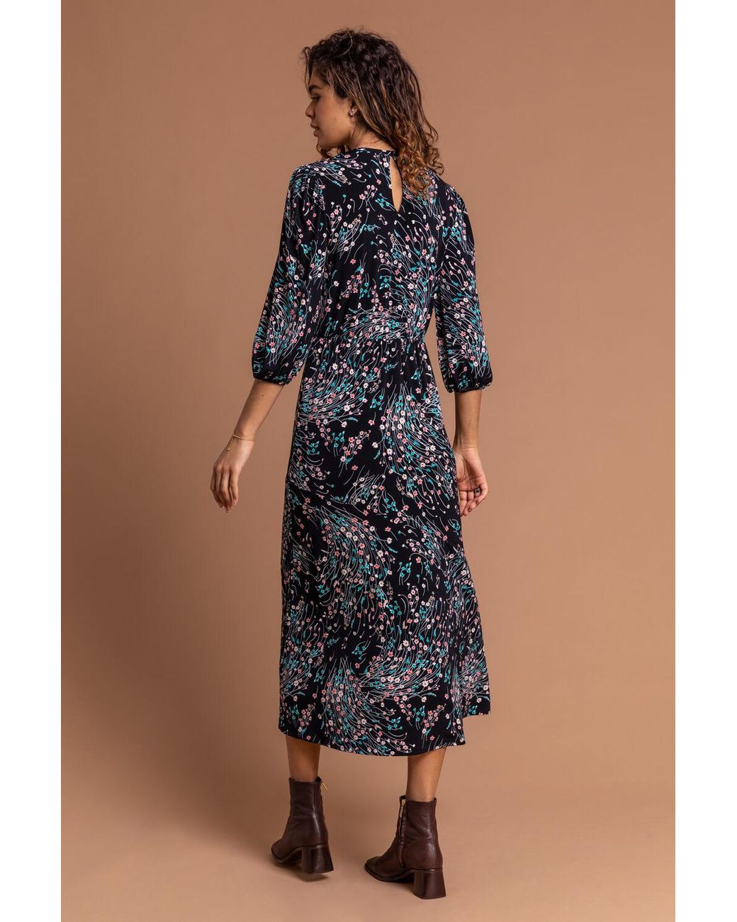 Roman Black Floral Keyhole Detail Fit & Flare Dress
