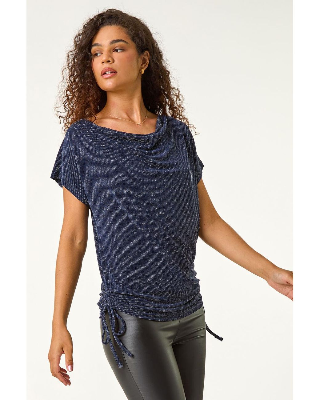 Roman Blue Glitter Cowl Neck Stretch Top